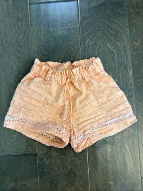 High-Waist Peach Eyelet Lace-Trim Shorts